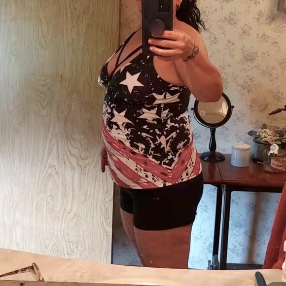 NWT 🏖️ BLACK RED WHITE TANKINI TOP SWIM 2-PIECE SHORTS SET Women’s XL or XXL - Picture 10 of 12